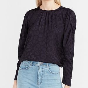 Navy Blue Leopard Jacquard Puff Sleeve Open Back Top